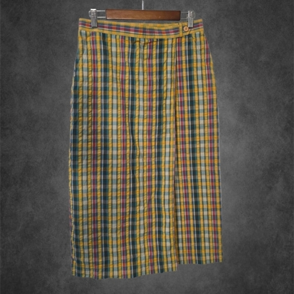 Lizsport Gold and Red Midi Pleated Pencil Faux Wrap Skirt - Picture 1 of 8